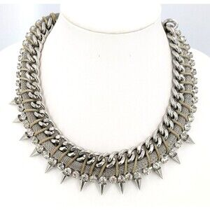 Silver Tone Rhinestone Spike Mesh Curb Chain Bib Choker Necklace 20 Inch 174 g